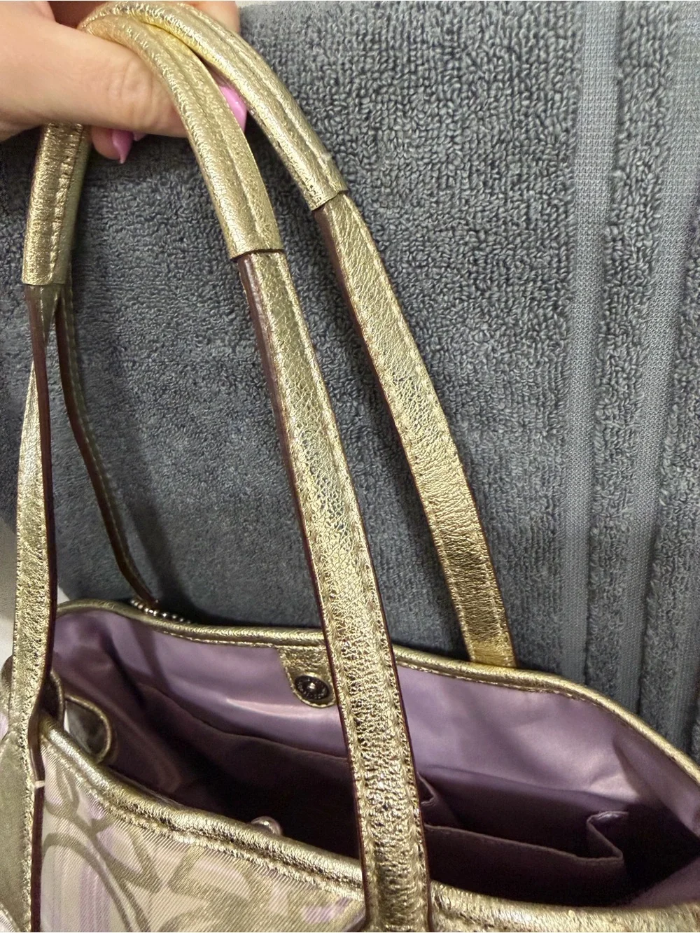 Coach F17213 Signature Plaid Tote Wallet Wristlet 3-Piece Set Beige Lavender - Picture 10 of 12